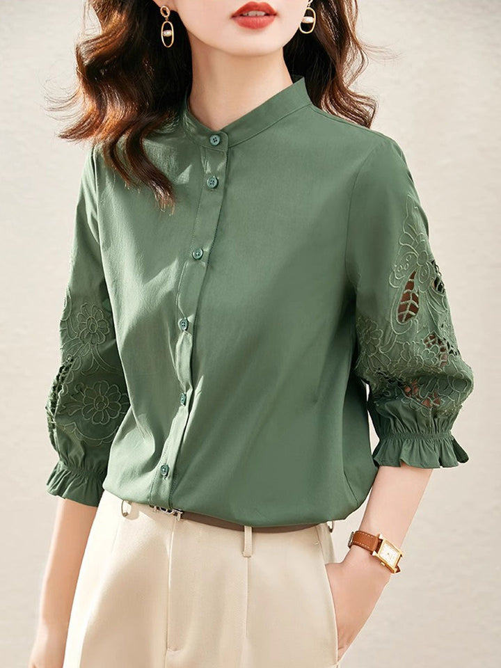 Kayla Casual Embroidered Shirt-Green