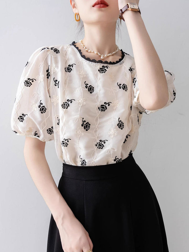 Mariah Vintage Puff Sleeve Embroidered Chiffon Top