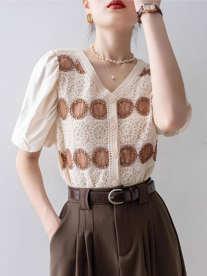 Avery Retro V-Neck Puff Sleeve Hollowed Top