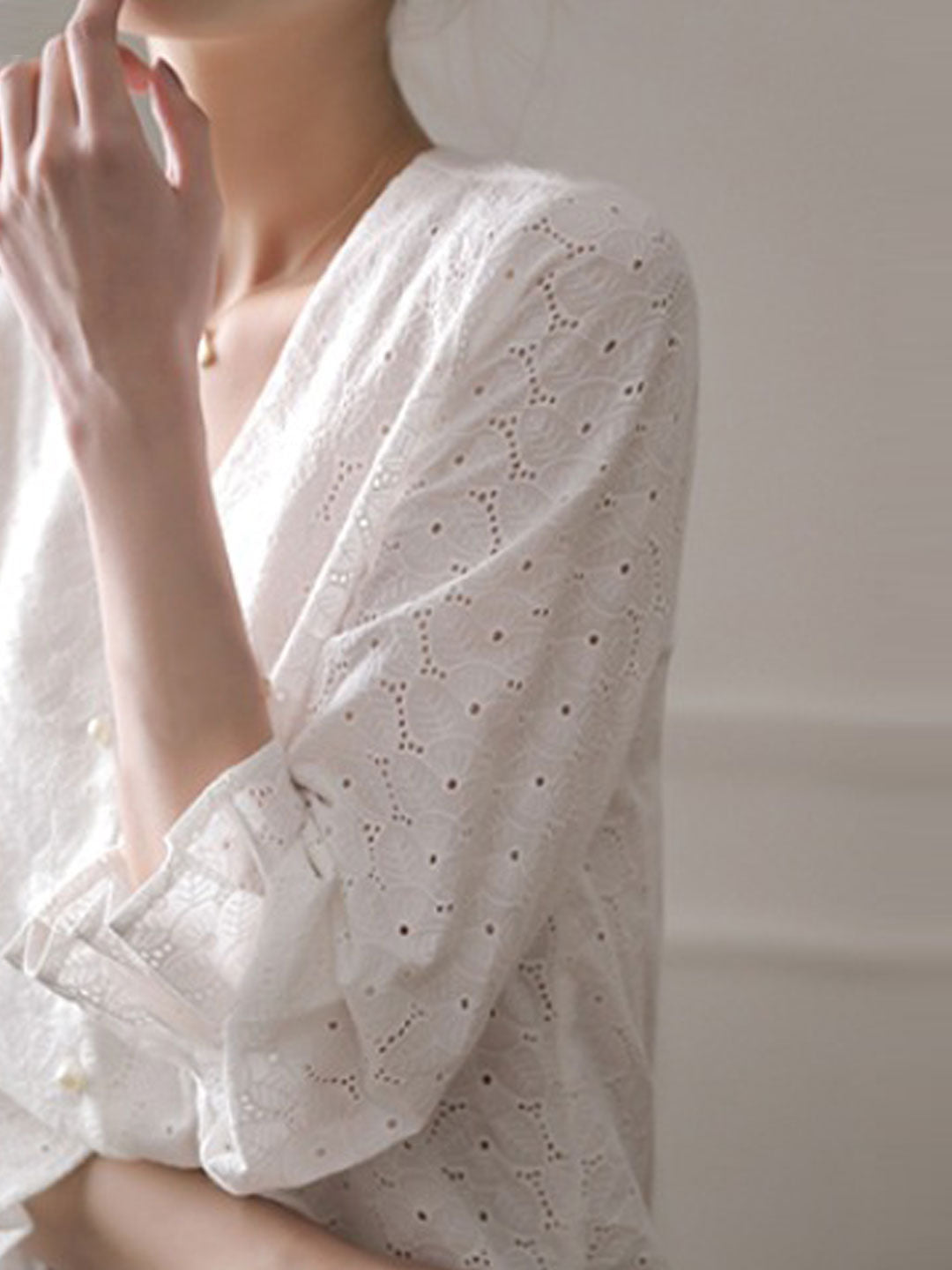 Rita Elegant V-neck Flare Sleeve Hollowed Embroidered Top