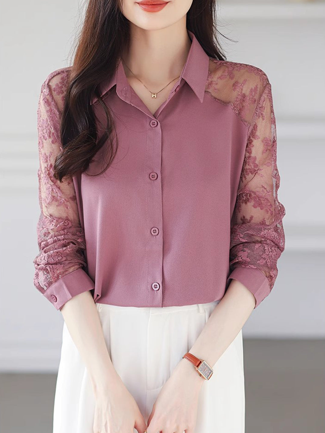 Sophie Loose Lapel Panel Lace Chiffon Shirt