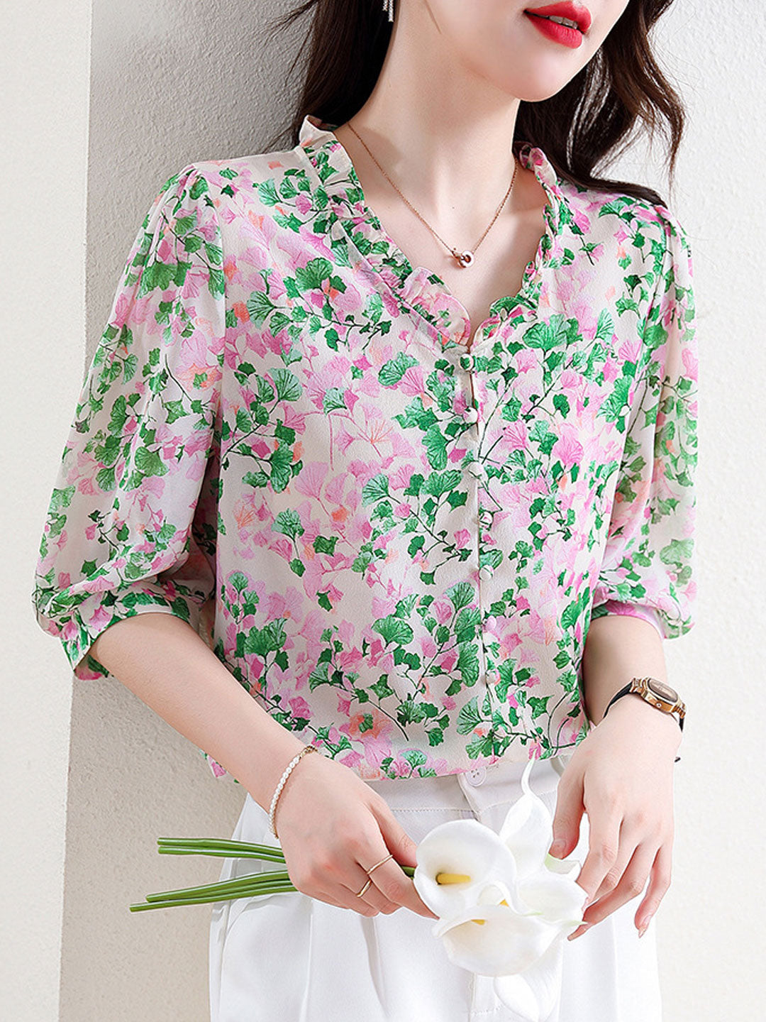 Mia Vacation V-Neck Ruffled Floral Chiffon Top