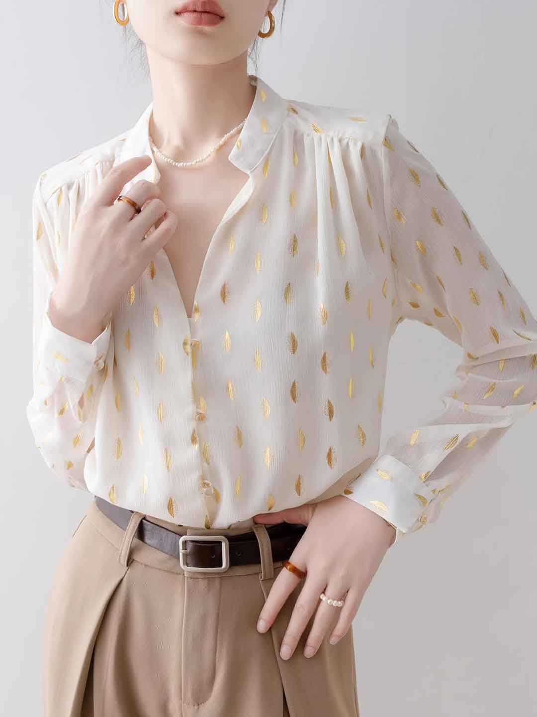 Ashley Loose V-neck Hot Stamping Chiffon Shirt