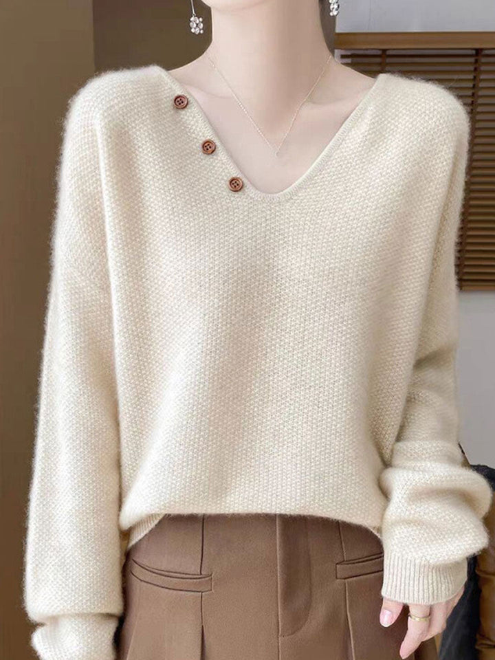 Ashley Loose V-neck Lantern Sleeve Button Knitted Sweater