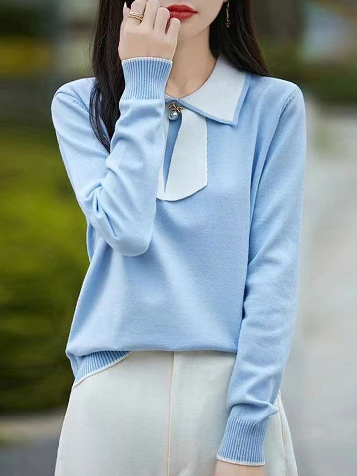 Natalie Cute Doll Collar Bow Colorblock Knitted Top