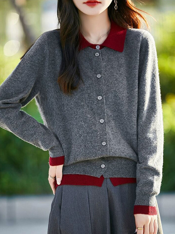 Claire Casual Lapel Colorblock Knit Cardigan Set