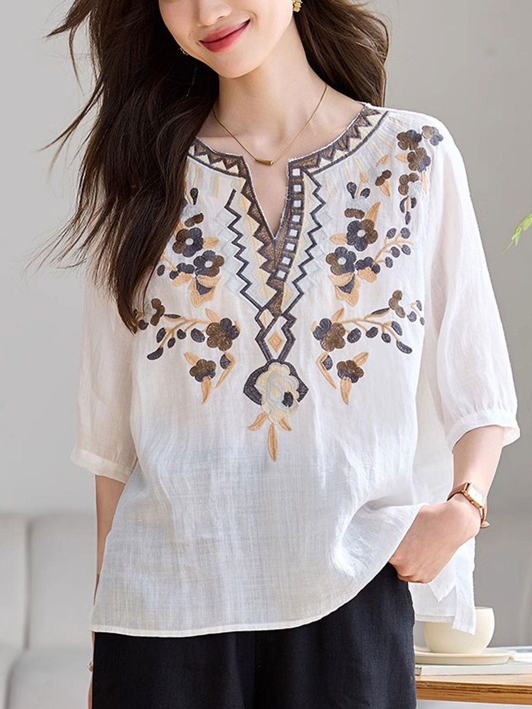 Julia Classic V-Neck Embroidered Top