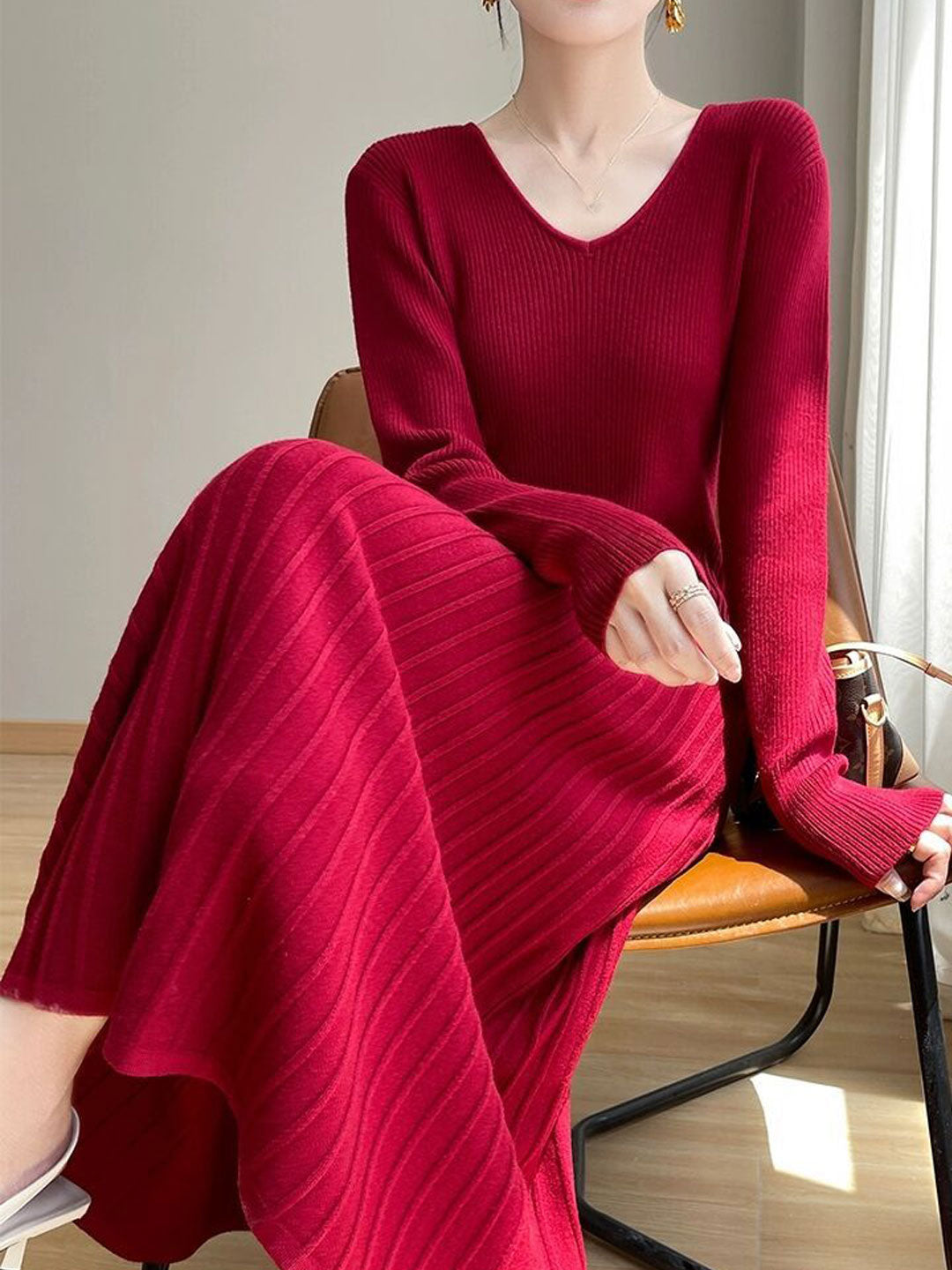 Brianna Elegant V-Neck Knitted Sweater Dress