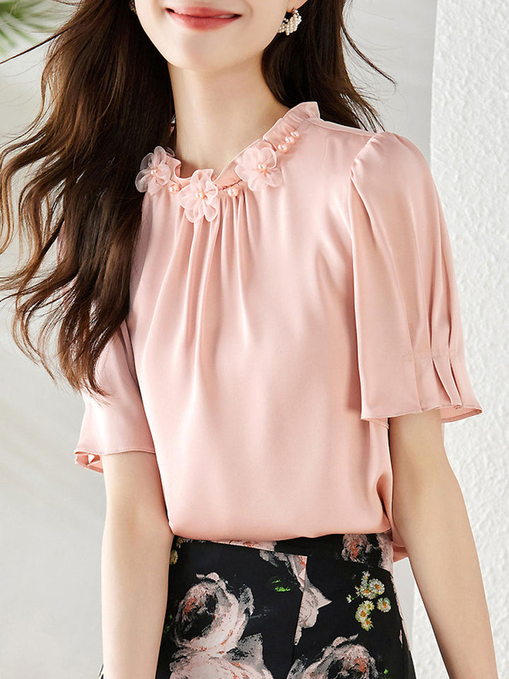 Sarah Elegant Auricular Satin Ruffled Chiffon Top