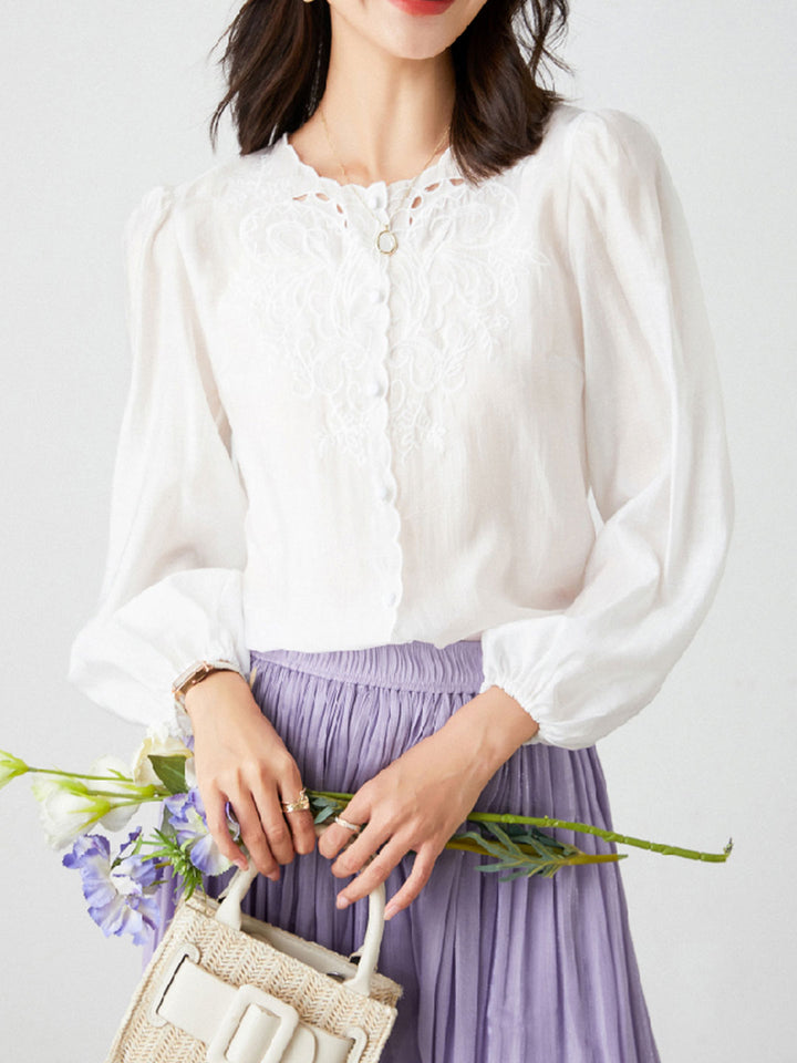 Jocelyn Elegant Embroidered Lantern Sleeve Shirt-Purple