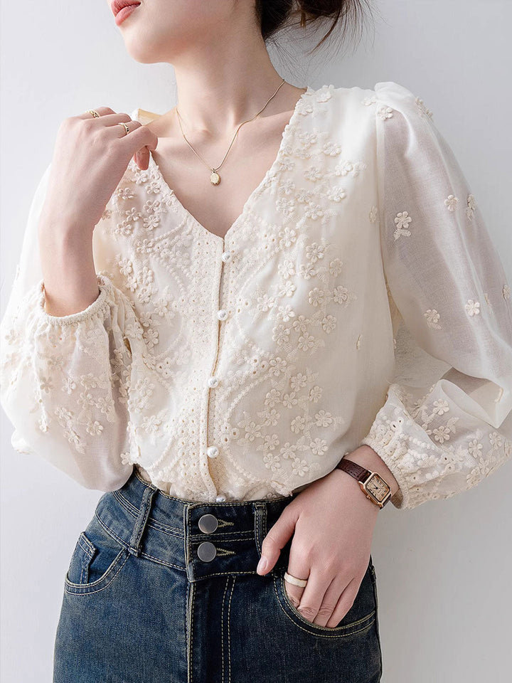 Taylor Retro V-Neck Lace Chiffon Blouse