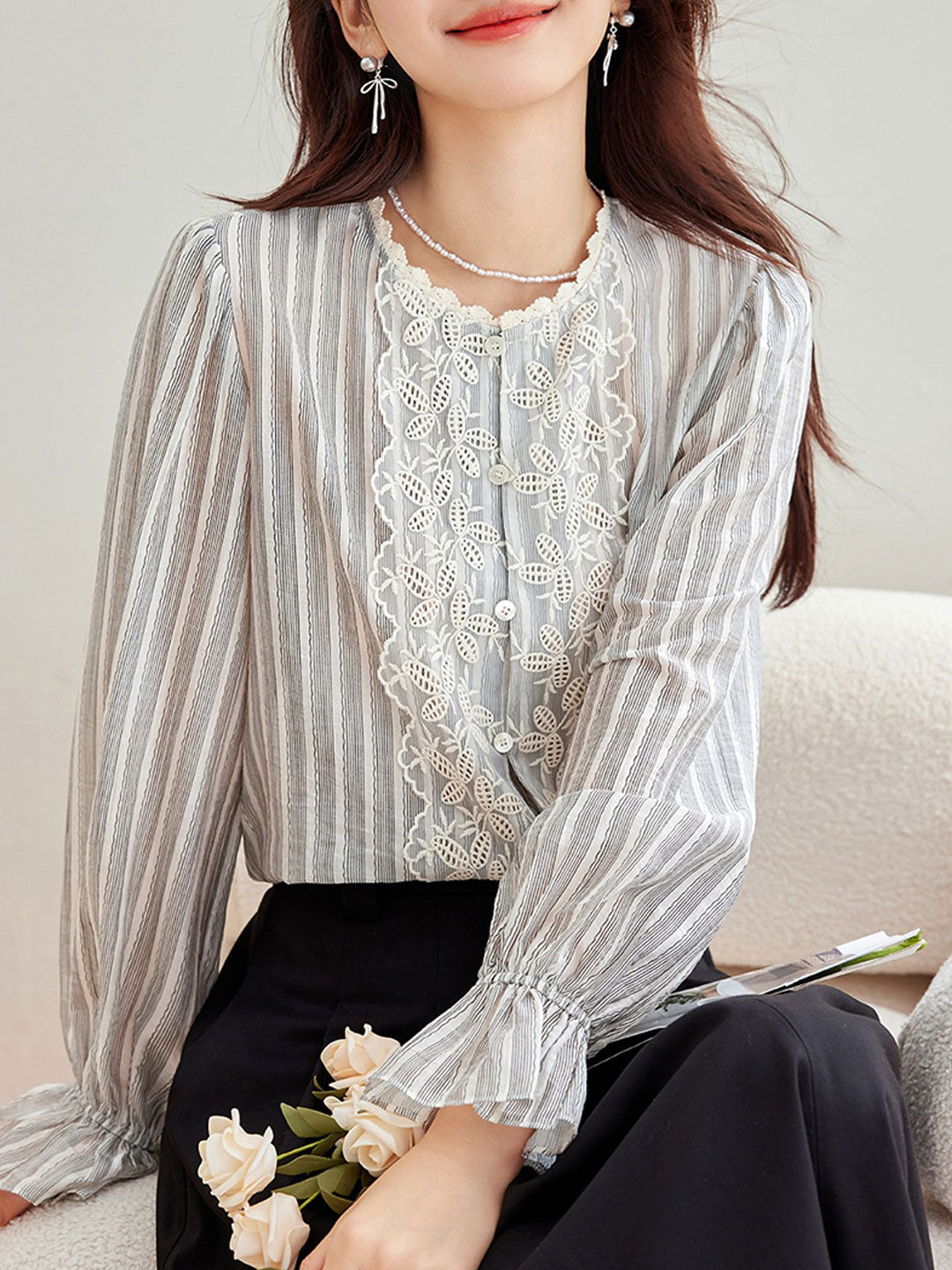 Jessica Vintage Mesh Embroidered Striped Lace Shirt