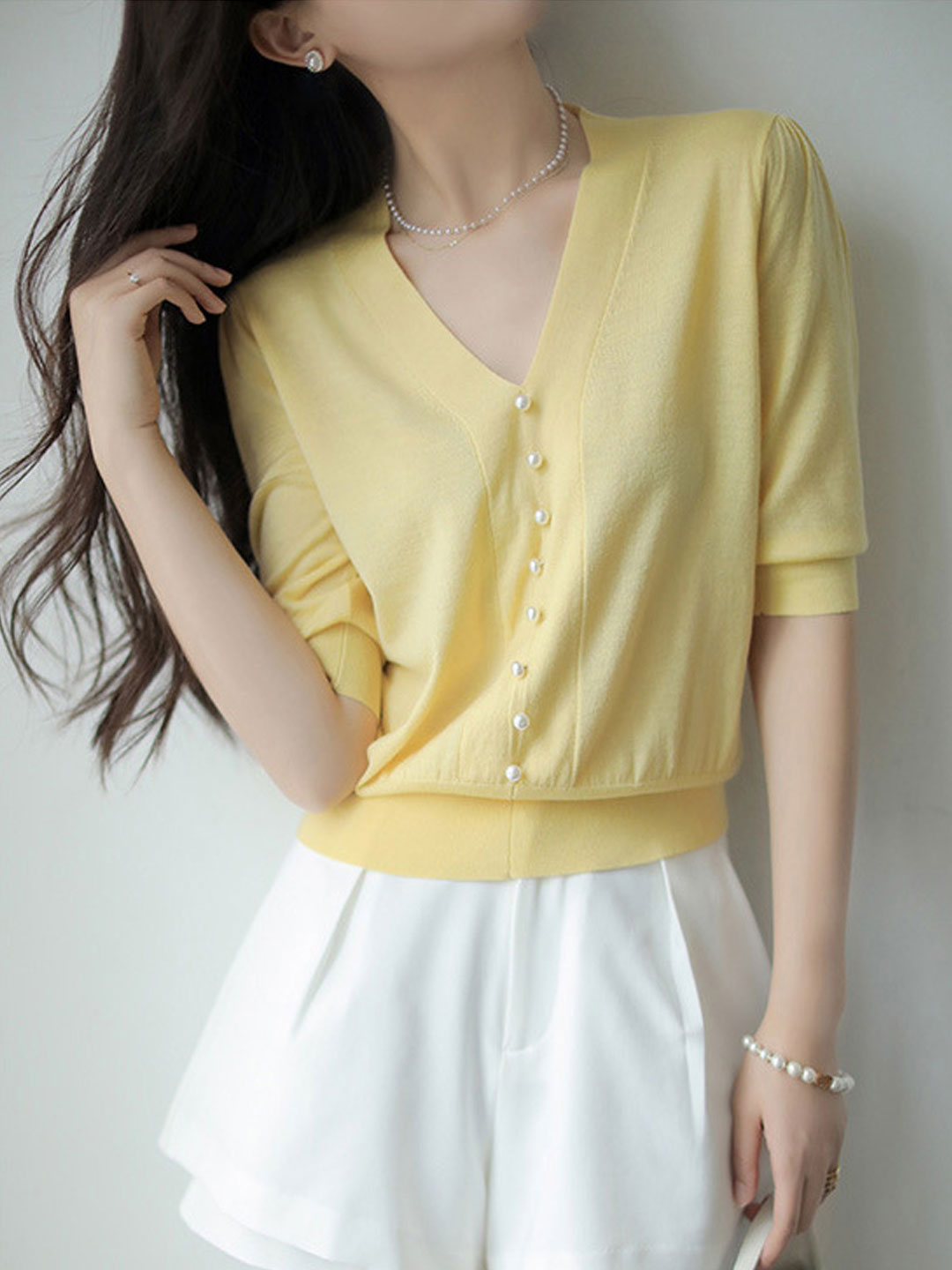 Sophia Casual V-Neck Knitted Top-Yellow