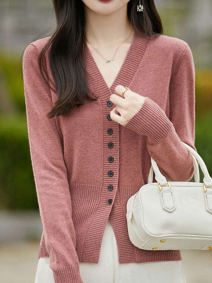 Natalie Casual V-Neck Solid Color Knitted Cardigan