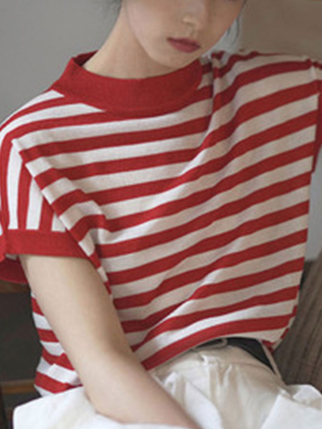 Lauren Classic Crew Neck Striped Contrast Knitted Top-Red