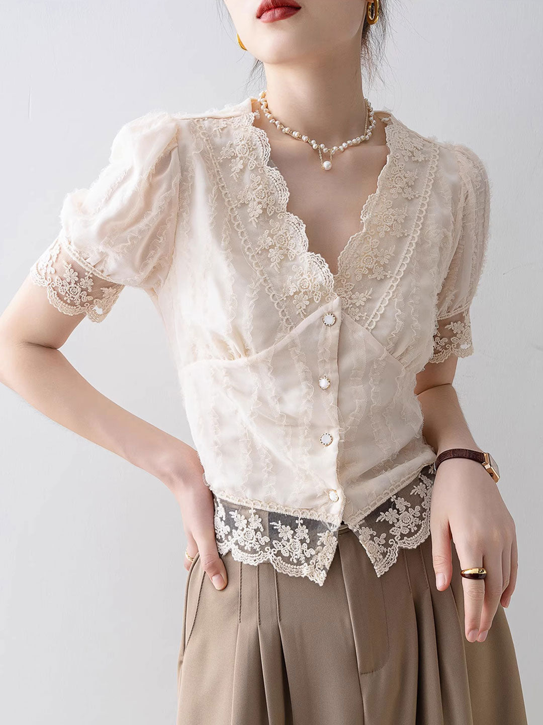 Anna Retro V-Neck Flare Sleeve Hollowed Lace Top