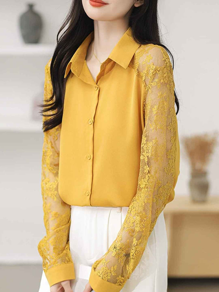 Sophie Loose Lapel Panel Lace Chiffon Shirt