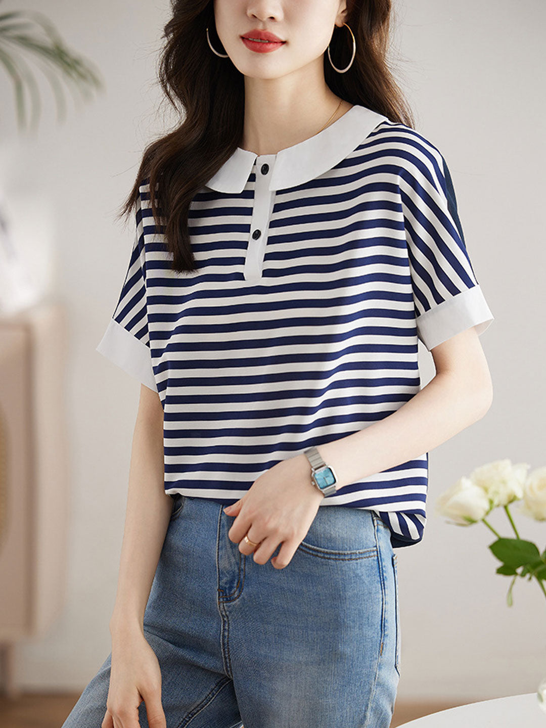 Brianna Loose Doll Collar Contrasted Chiffon Top