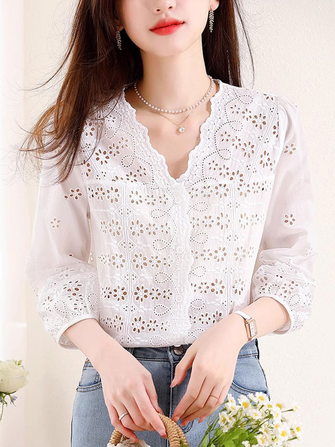 Kayla Retro V-Neck Embroidered Hollowed Top