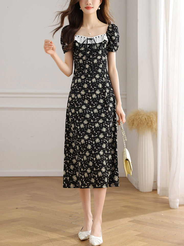 Ariana Vintage Square Neck Puff Sleeve Printed Dress