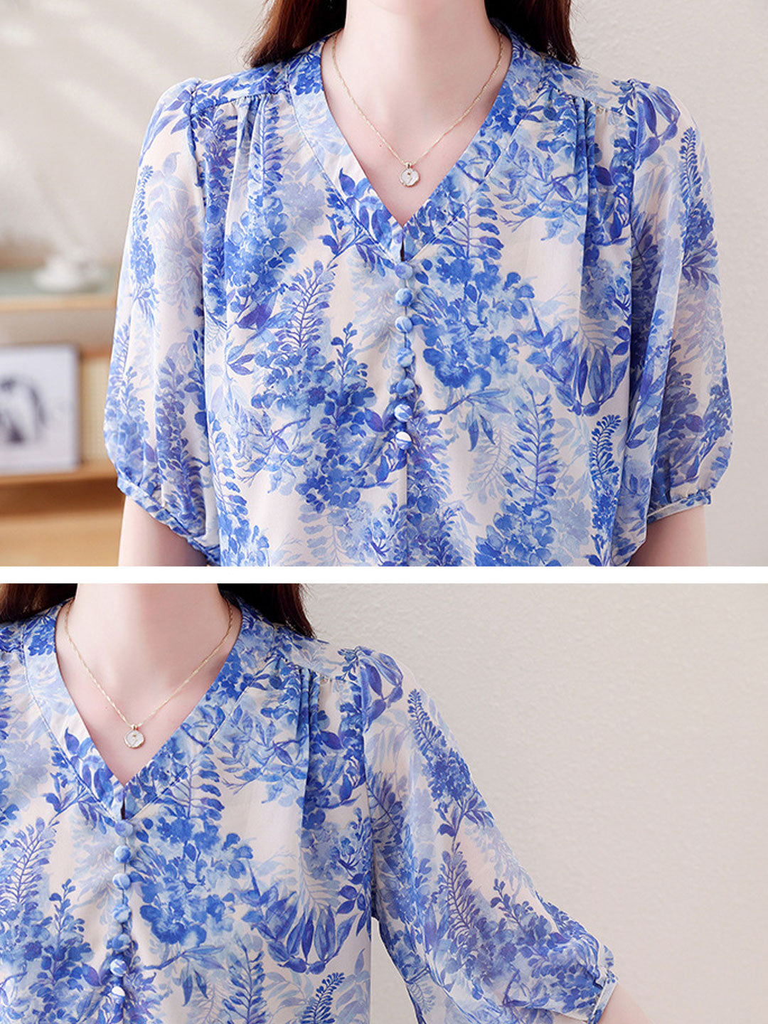 Elizabeth Classic V-Neck Puff Sleeve Patchwork Floral Top