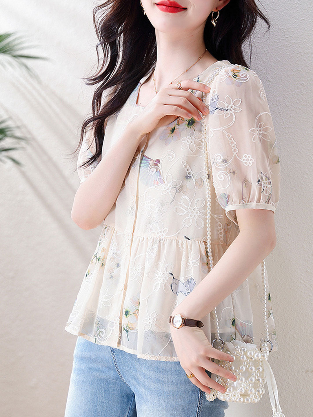 Kaitlyn Loose Puff Sleeve Printed Chiffon Blouse