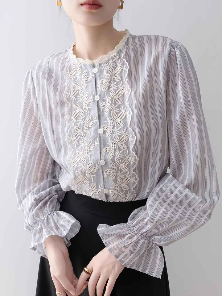 Jessica Vintage Mesh Embroidered Striped Lace Shirt