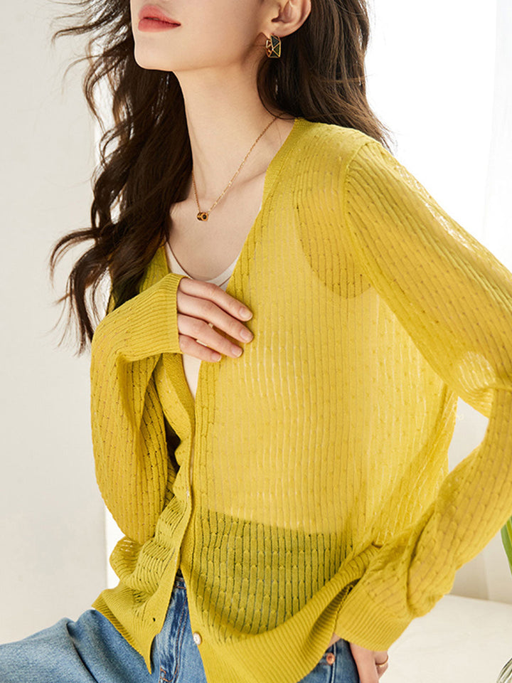 Ava Casual Textured Knitted Top-Yellow