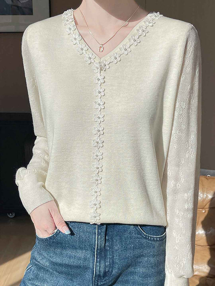 Hannah Classic V-Neck Lace Panel Knitted Top