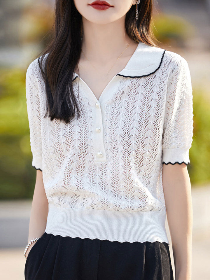 Ava Loose Polo Hollowed Knitted Top