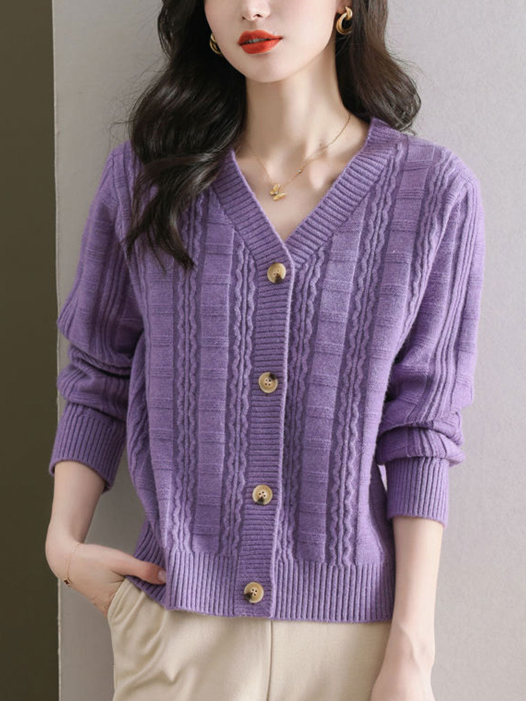 Ava Casual V-Neck Ribbed Solid Color Knitted Cardigan