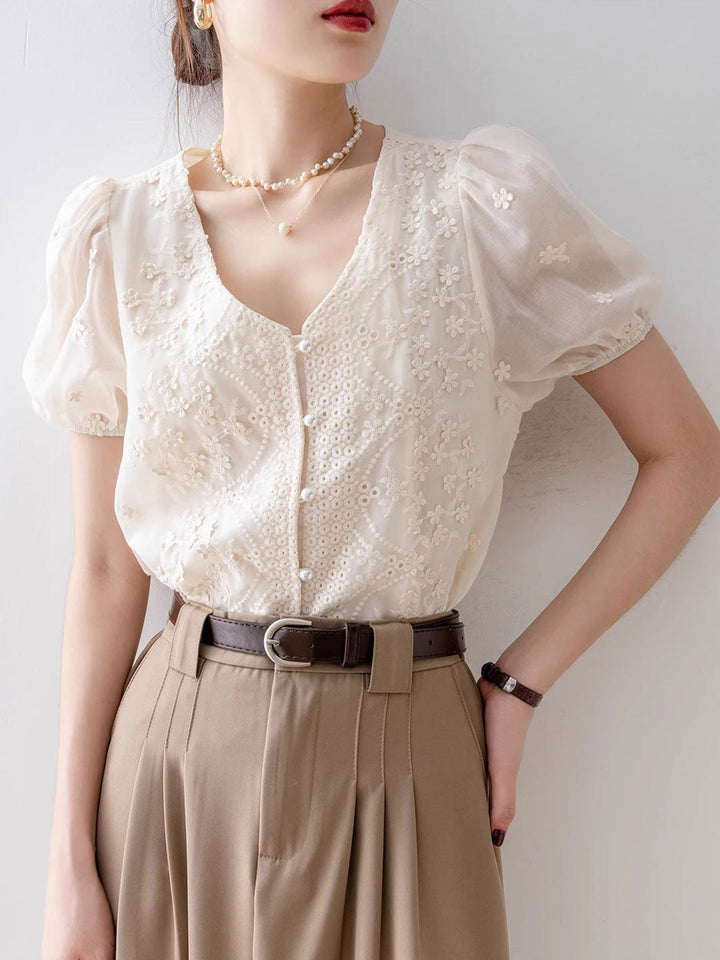 Hailey Classic V-Neck Puff Sleeve Lace Chiffon Top