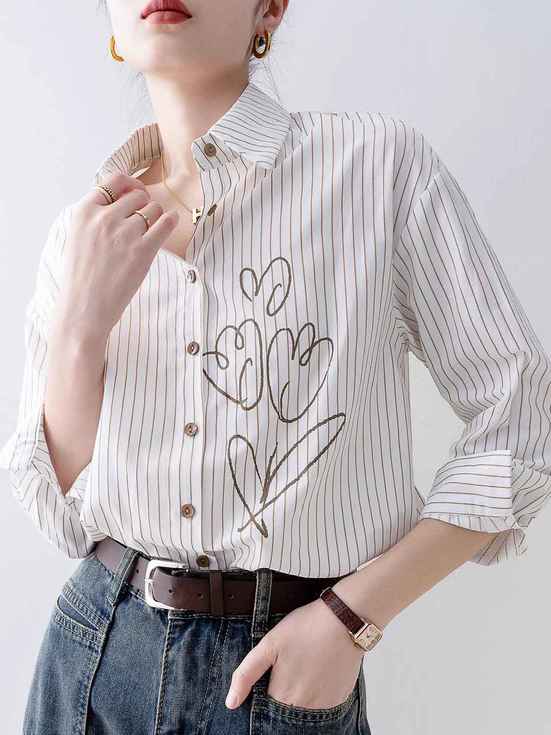 Brianna Slim Polo Collar Printed Striped Shirt