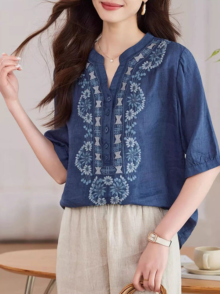 Zoe Loose V-Neck Embroidered Top