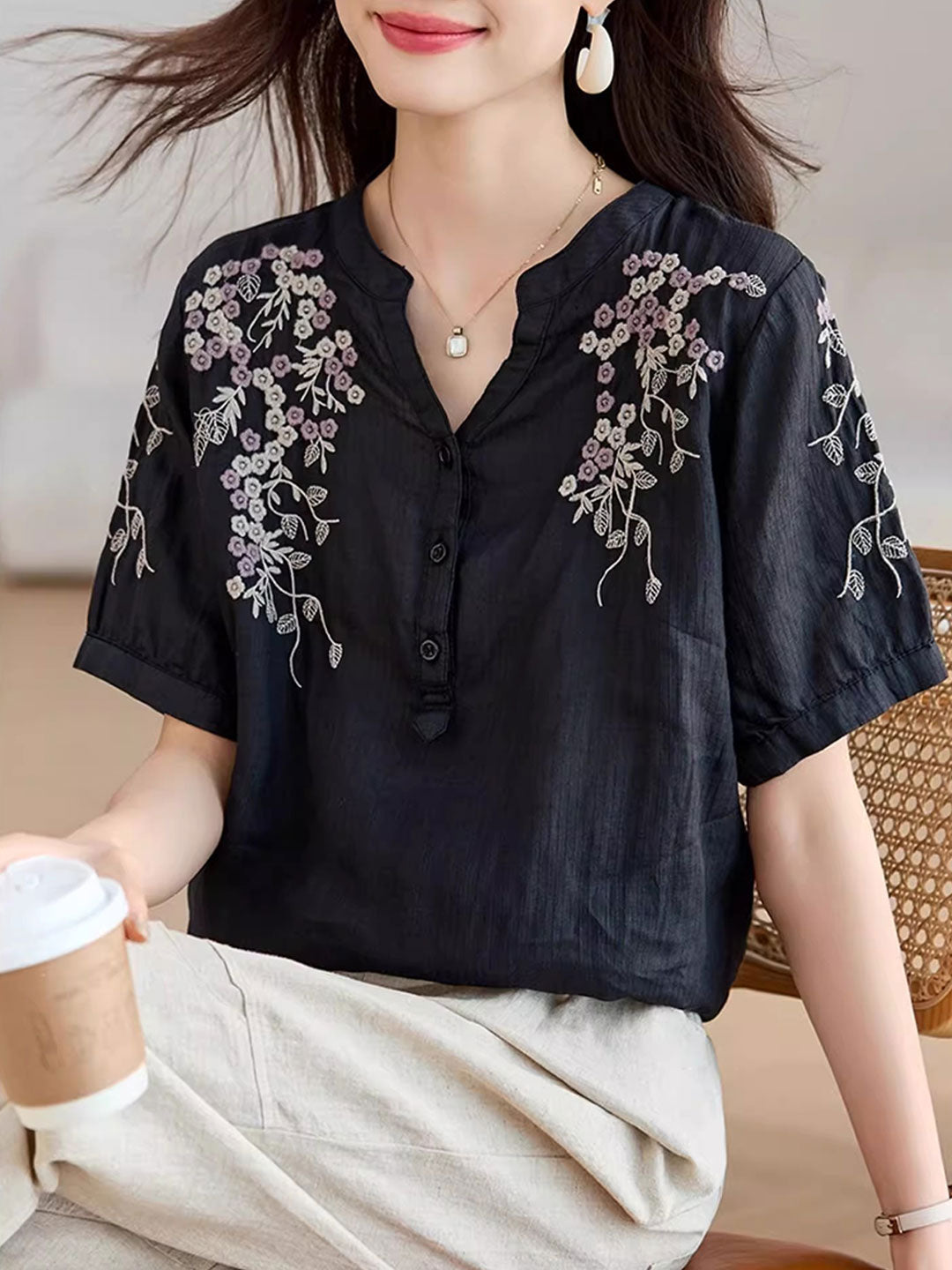 Sarah Classic V-Neck Embroidered Printed Top