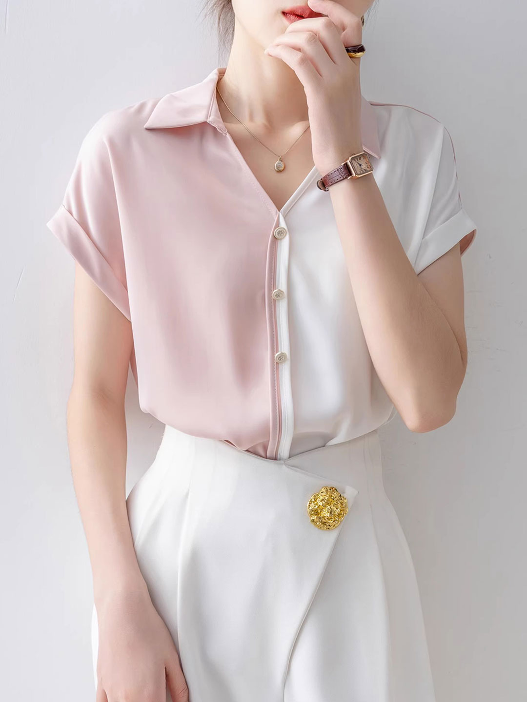 Caroline Loose Solid Color Satin Chiffon Shirt