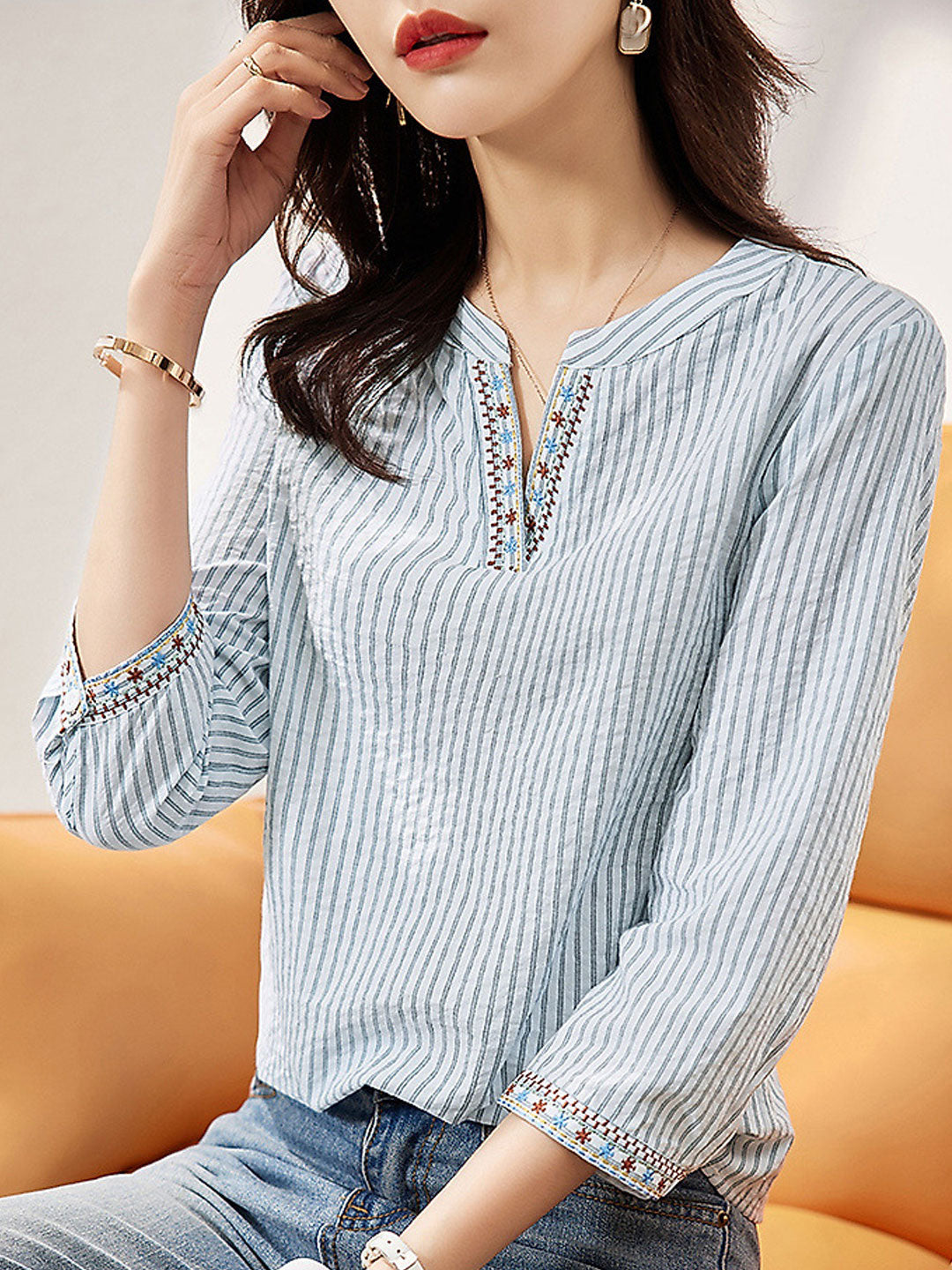 Destiny V-Neck Embroidered Contrasted Top