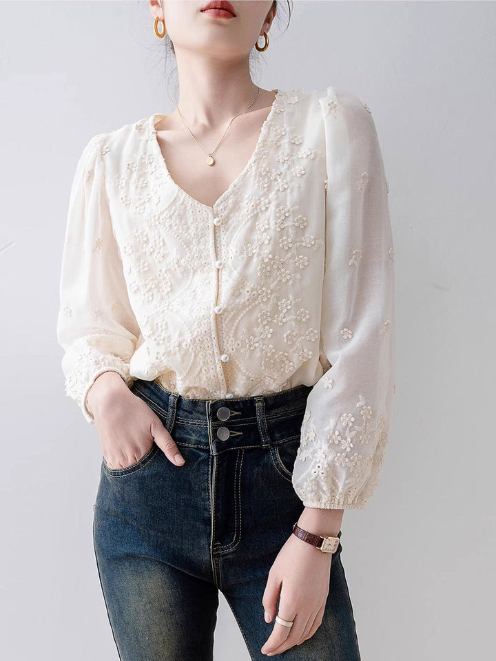 Taylor Retro V-Neck Lace Chiffon Blouse