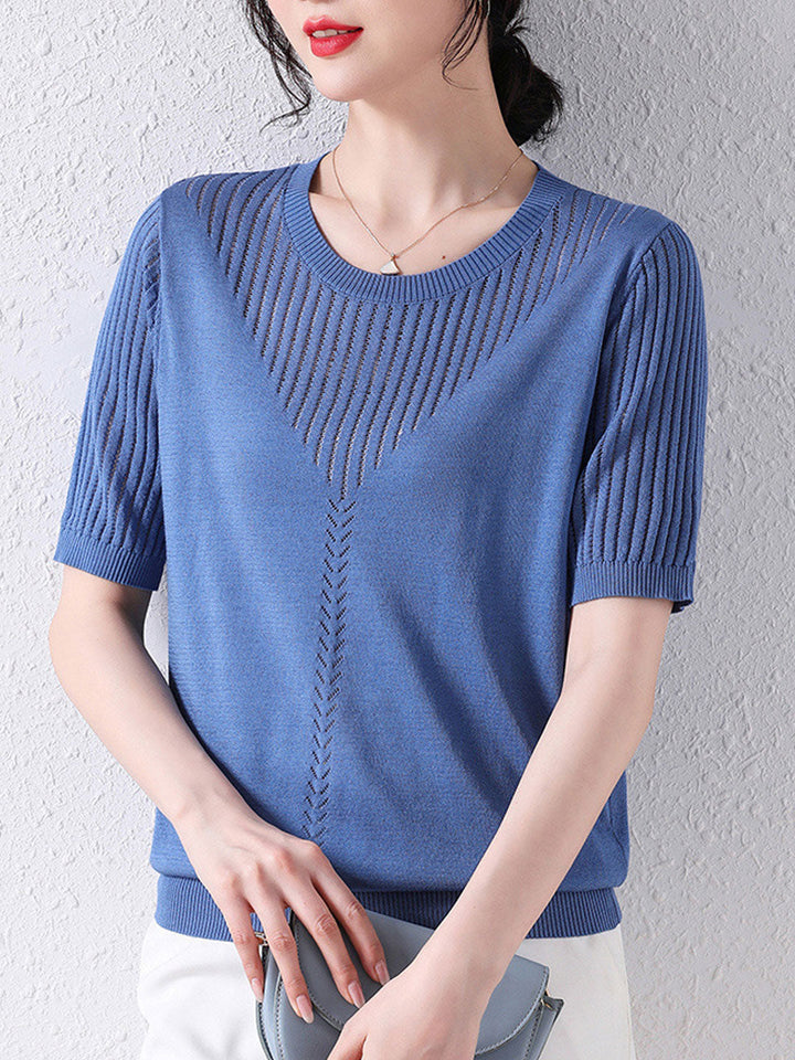 Sophie Loose Crew Neck Hollow Knitted Top-Blue