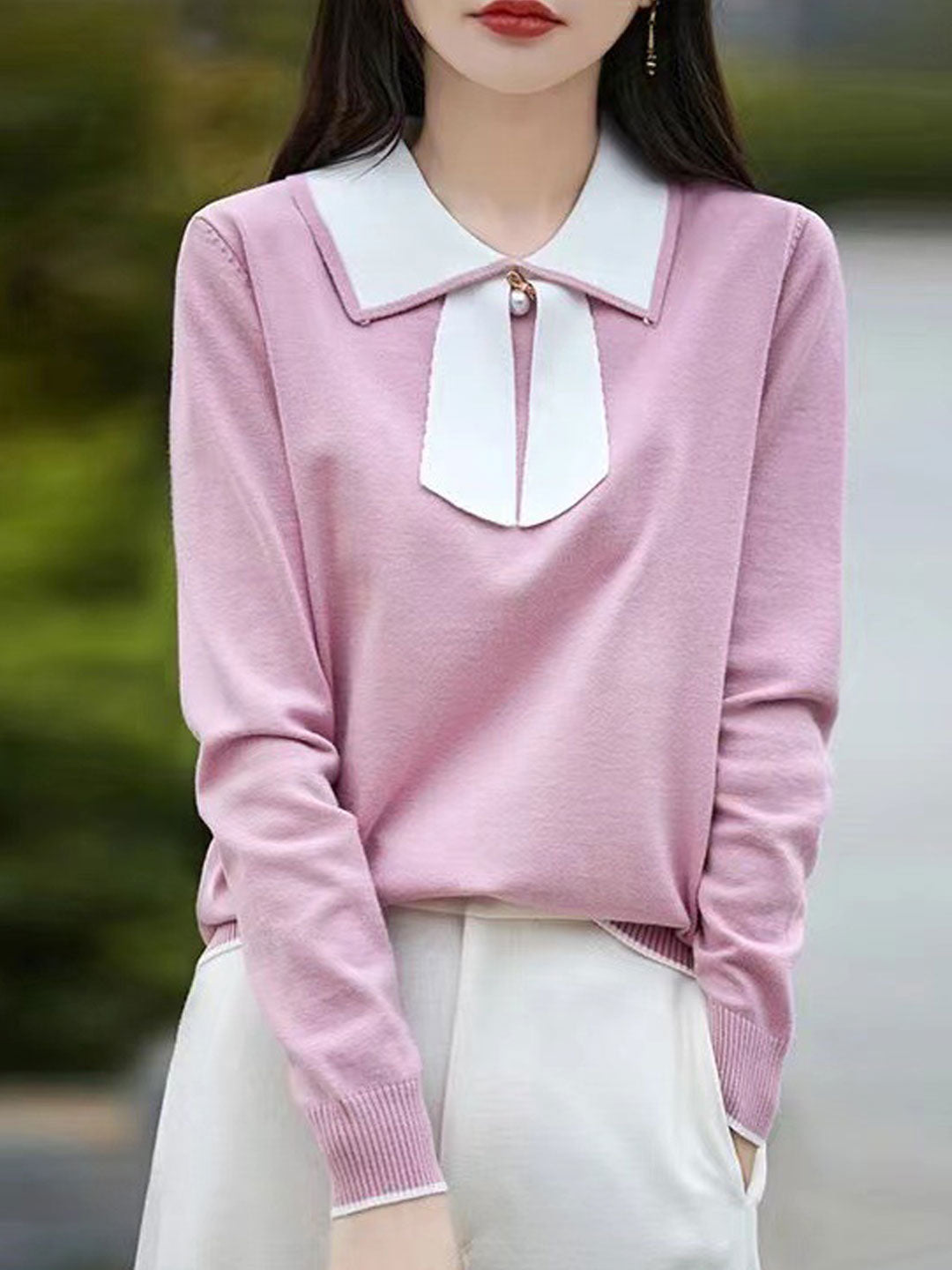 Natalie Cute Doll Collar Bow Colorblock Knitted Top