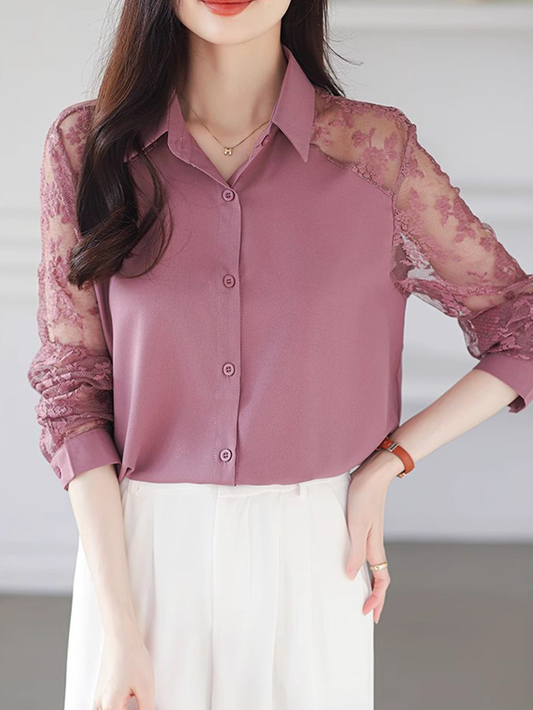 Sophie Loose Lapel Panel Lace Chiffon Shirt