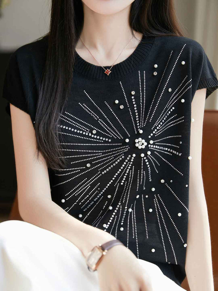 Jessica Loose Crew Neck Rhinestone Knitted Top