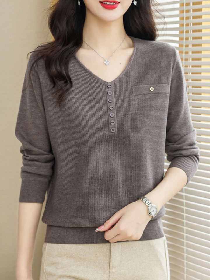 Hannah Casual V-Neck Solid Color Knitted Top