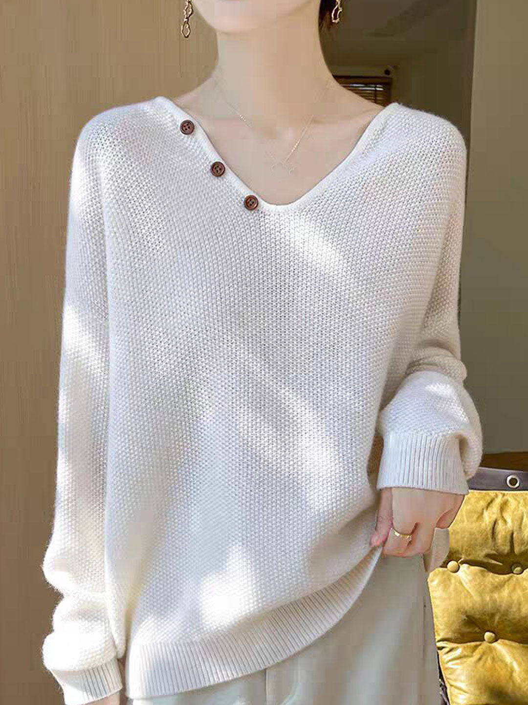 Ashley Loose V-neck Lantern Sleeve Button Knitted Sweater