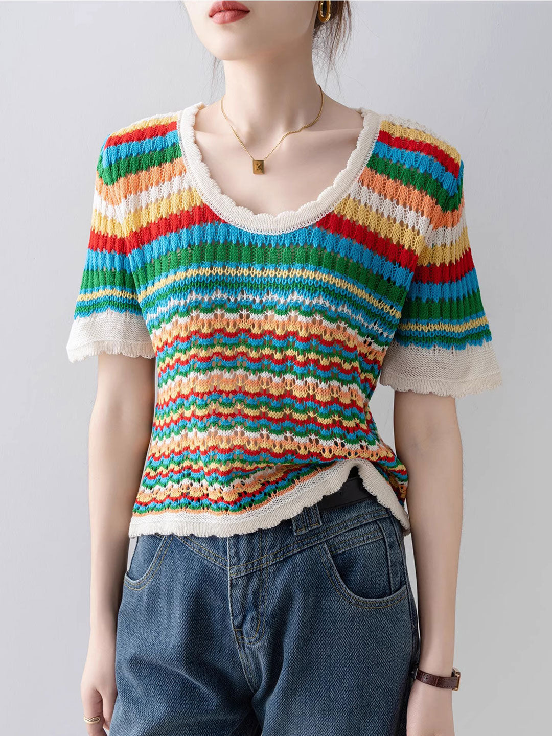 Nevaeh Classic Rainbow Striped Hollowed Knitted Top