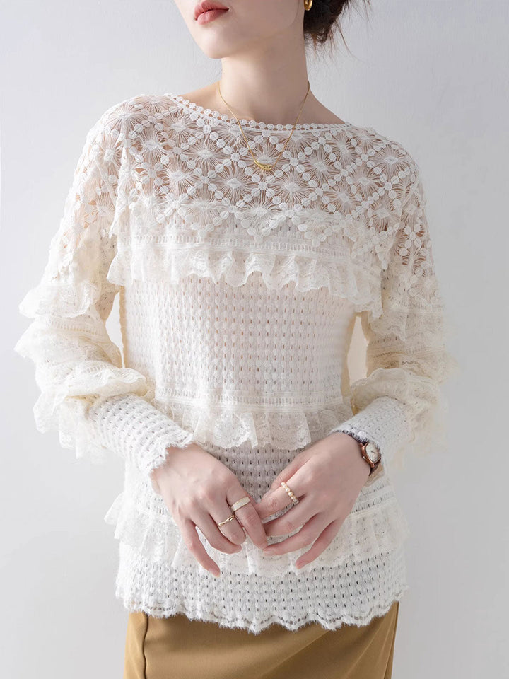 Allison Retro Crew Neck Solid Color Patchwork Lace Top