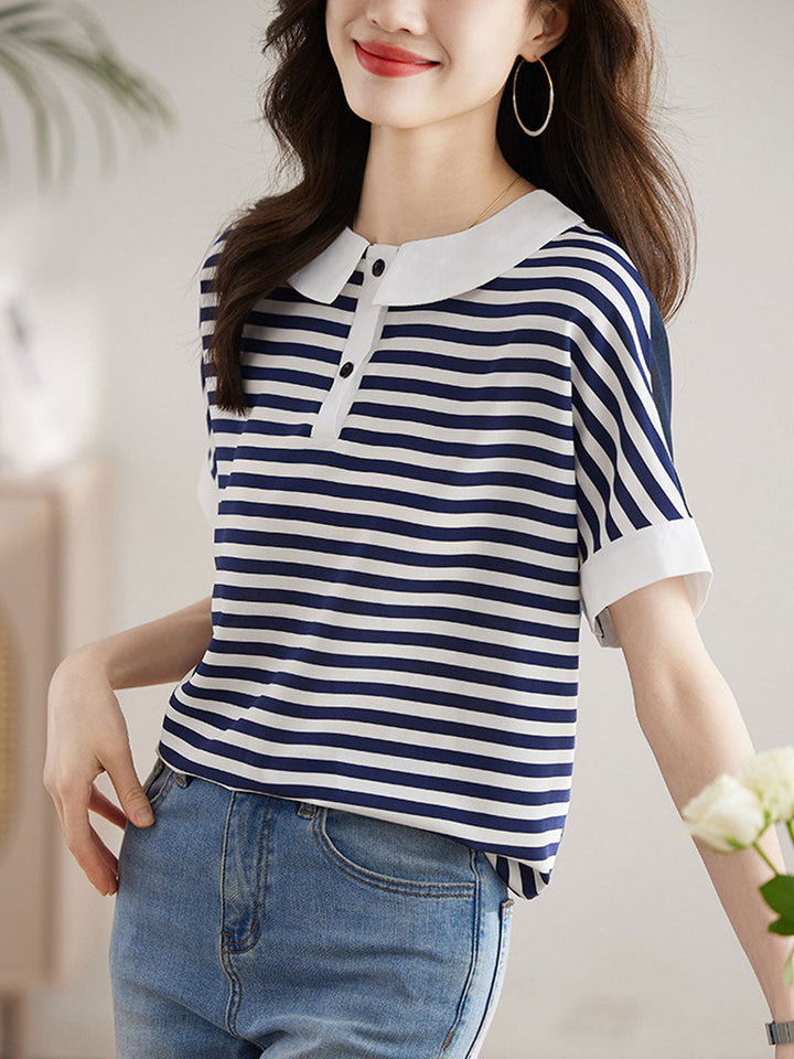 Brianna Loose Doll Collar Contrasted Chiffon Top