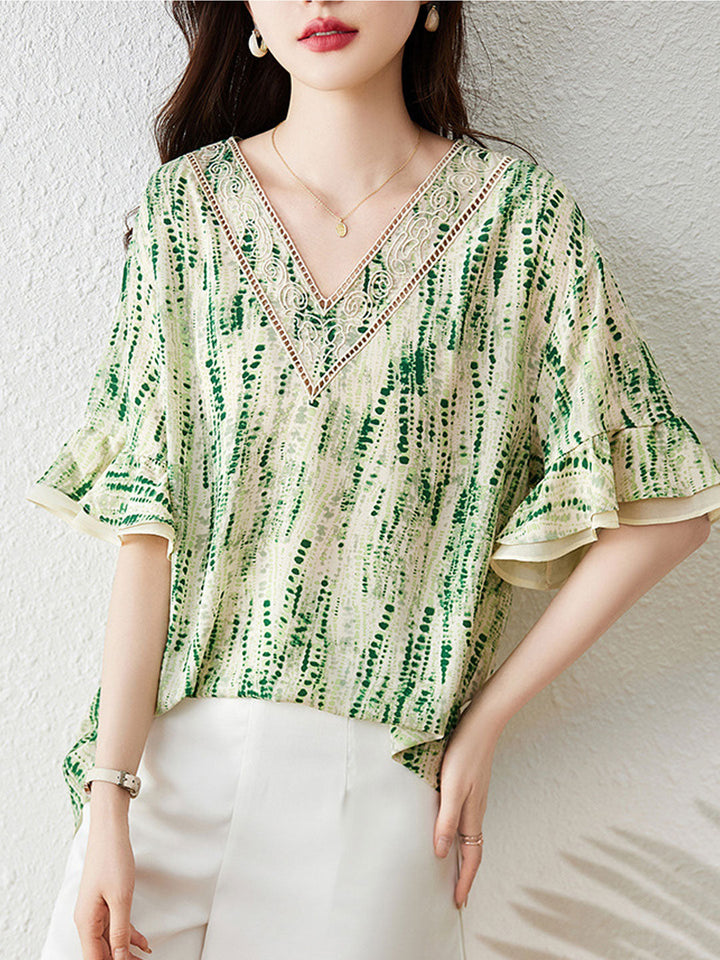 Taylor Loose V-Neck Ruffle Sleeve Printed Chiffon Top