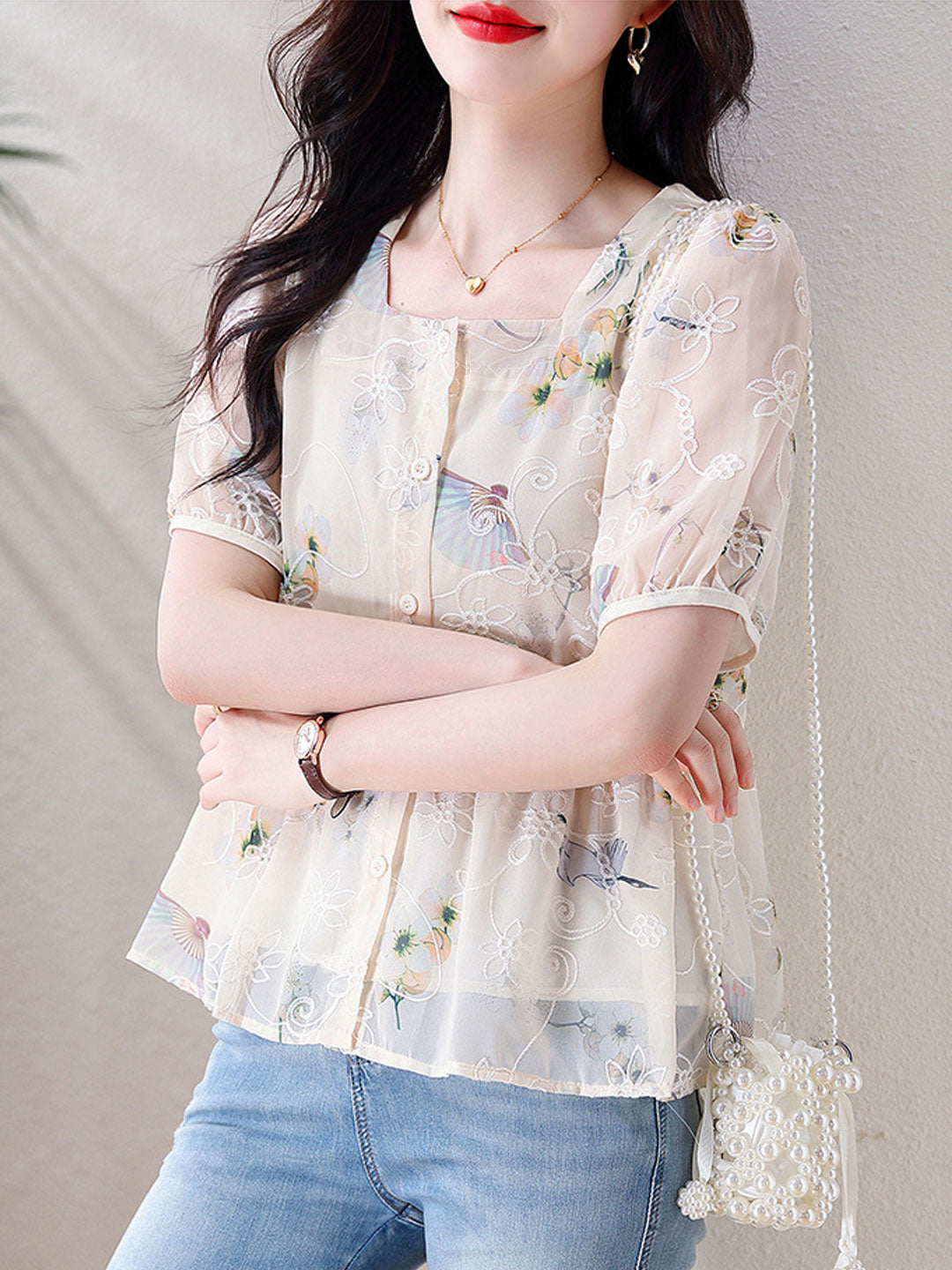 Kaitlyn Loose Puff Sleeve Printed Chiffon Blouse