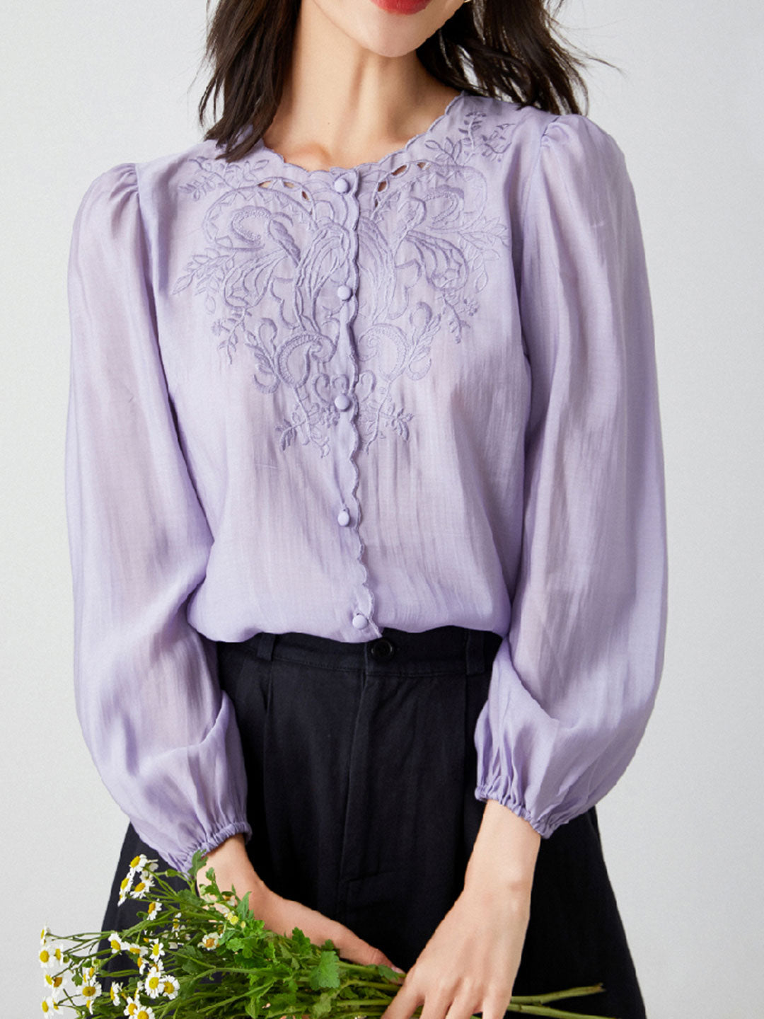 Jocelyn Elegant Embroidered Lantern Sleeve Shirt-White